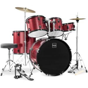 imageBest Choice Products 5Piece Full Size Complete Adult Drum Set wCymbal Stands Stool Drum Pedal Sticks Floor Tom  BlackRed Sparkle