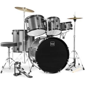 imageBest Choice Products 5Piece Full Size Complete Adult Drum Set wCymbal Stands Stool Drum Pedal Sticks Floor Tom  BlackSilver Sparkle