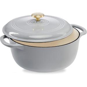 imageBest Choice Products 75 Quart Enamel CastIron Round Dutch Oven Family Style HeavyDuty PreSeasoned Cookware for Home Kitchen Dining Room Oven Safe wLid Dual Handles  Cornflower BlueFrench Gray