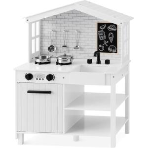 imageBest Choice Products Farmhouse Play Kitchen Toy Wooden Pretend Set for Kids wChalkboard Marble Backdrop Windows Storage Shelves 5 Accessories Included  WhiteWhite