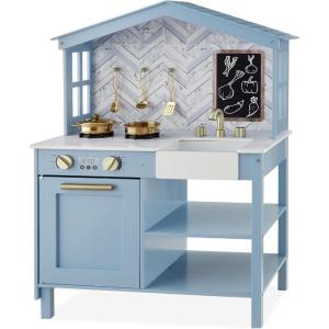 imageBest Choice Products Farmhouse Play Kitchen Toy Wooden Pretend Set for Kids wChalkboard Marble Backdrop Windows Storage Shelves 5 Accessories Included  WhiteBeveled Blue