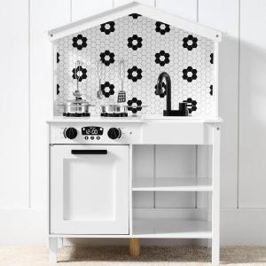 imageBest Choice Products Farmhouse Play Kitchen Toy Wooden Pretend Set for Kids wChalkboard Marble Backdrop Windows Storage Shelves 5 Accessories Included  WhiteWhiteBlack