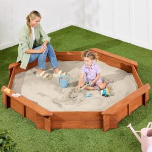 imageBest Choice Products Kids Large Octagonal Wooden Outdoor Sandbox with Cover w 4 Reinforced Benches 8 Seats XL Sandpit Bottom Liner  BrownBrown