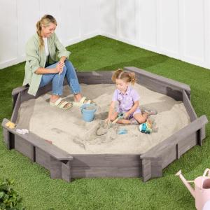 imageBest Choice Products Kids Large Octagonal Wooden Outdoor Sandbox with Cover w 4 Reinforced Benches 8 Seats XL Sandpit Bottom Liner  BrownGray