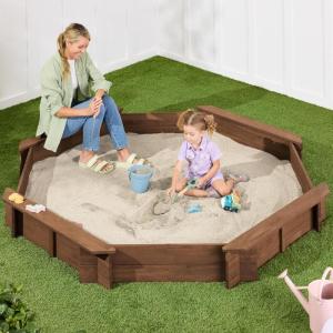 imageBest Choice Products Kids Large Octagonal Wooden Outdoor Sandbox with Cover w 4 Reinforced Benches 8 Seats XL Sandpit Bottom Liner  BrownWalnut