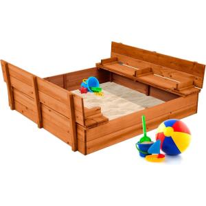 imageBest Choice Products Kids Outdoor Wooden Sandbox Large Cedar Wood with Foldable Bench Seats and Sand Protection Bottom Liner Included  BrownBrown