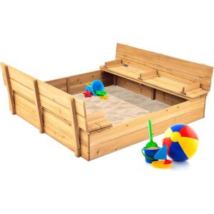 imageBest Choice Products Kids Outdoor Wooden Sandbox Large Cedar Wood with Foldable Bench Seats and Sand Protection Bottom Liner Included  BrownNatural