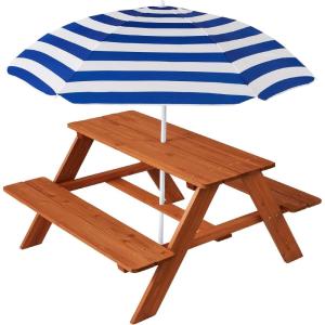 imageBest Choice Products Kids Wooden Picnic Table Outdoor Activity ampamp Dining Table wAdjustable Collapsible Umbrella Builtin Seats  Golden BrownNavyGolden BrownNavy