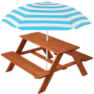 imageBest Choice Products Kids Wooden Picnic Table Outdoor Activity ampamp Dining Table wAdjustable Collapsible Umbrella Builtin Seats  Golden BrownNavyGolden BrownAqua