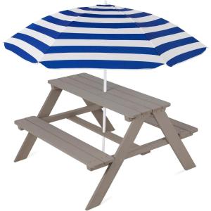 imageBest Choice Products Kids Wooden Picnic Table Outdoor Activity ampamp Dining Table wAdjustable Collapsible Umbrella Builtin Seats  Golden BrownNavyGrayNavy