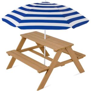 imageBest Choice Products Kids Wooden Picnic Table Outdoor Activity ampamp Dining Table wAdjustable Collapsible Umbrella Builtin Seats  Golden BrownNavyNaturalNavy