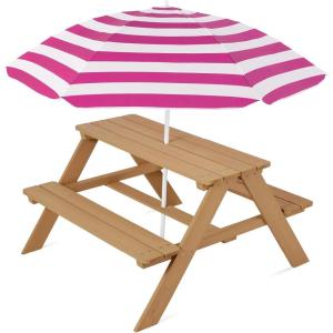 imageBest Choice Products Kids Wooden Picnic Table Outdoor Activity ampamp Dining Table wAdjustable Collapsible Umbrella Builtin Seats  Golden BrownNavyNaturalDark Pink