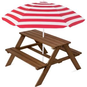 imageBest Choice Products Kids Wooden Picnic Table Outdoor Activity ampamp Dining Table wAdjustable Collapsible Umbrella Builtin Seats  Golden BrownNavyWalnutRed