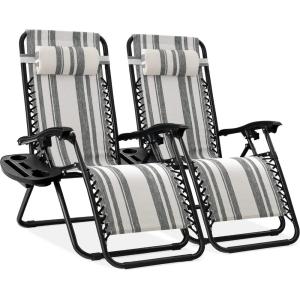 imageBest Choice Products Set of 2 Adjustable Steel Mesh Zero Gravity Lounge Chair Recliners wPillows and Cup Holder Trays  Navy BlueGray Stripes