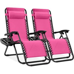 imageBest Choice Products Set of 2 Adjustable Steel Mesh Zero Gravity Lounge Chair Recliners wPillows and Cup Holder Trays  Navy BlueHot PinkBlack