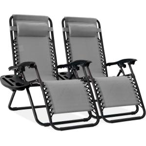 imageBest Choice Products Set of 2 Adjustable Steel Mesh Zero Gravity Lounge Chair Recliners wPillows and Cup Holder Trays  Navy BlueIce Gray
