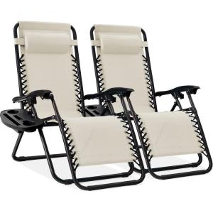 imageBest Choice Products Set of 2 Adjustable Steel Mesh Zero Gravity Lounge Chair Recliners wPillows and Cup Holder Trays  Navy BlueIvory