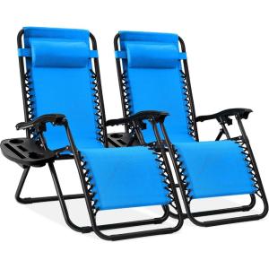 imageBest Choice Products Set of 2 Adjustable Steel Mesh Zero Gravity Lounge Chair Recliners wPillows and Cup Holder Trays  Navy BlueLight Blue