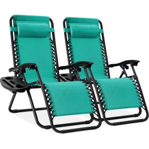 imageBest Choice Products Set of 2 Adjustable Steel Mesh Zero Gravity Lounge Chair Recliners wPillows and Cup Holder Trays  Navy BlueMint