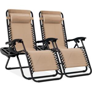 imageBest Choice Products Set of 2 Adjustable Steel Mesh Zero Gravity Lounge Chair Recliners wPillows and Cup Holder Trays  Navy BlueSand