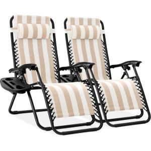 imageBest Choice Products Set of 2 Adjustable Steel Mesh Zero Gravity Lounge Chair Recliners wPillows and Cup Holder Trays  Navy BlueTan Striped