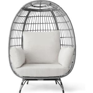 imageBest Choice Products Wicker Egg Chair Oversized Indoor Outdoor Lounger for Patio Backyard Living Room w 4 Cushions Steel Frame 440lb Capacity  IvoryGrayWhite Sand