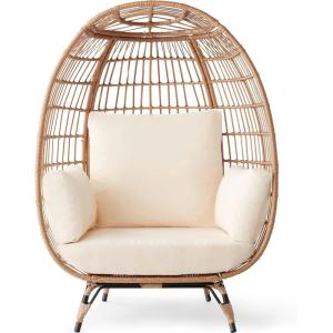 imageBest Choice Products Wicker Egg Chair Oversized Indoor Outdoor Lounger for Patio Backyard Living Room w 4 Cushions Steel Frame 440lb Capacity  IvoryIvory