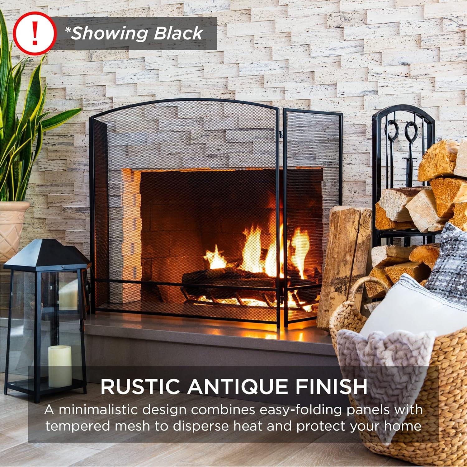 imageBest Choice Products 475x2725in 3Panel Simple Steel Mesh Fireplace Screen Fire Spark Guard Grate for Living Room Home Decor wRustic Worn Finish  BlackBlack