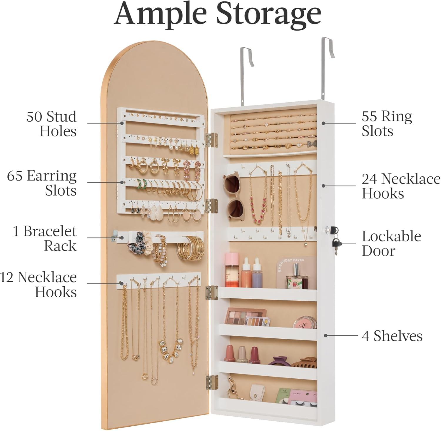 imageBest Choice Products Arch Mirror Jewelry Cabinet Jewelry Storage Organizer Armoire Lockable Wall or Door Mountable FullLength Mirror  BlackGold