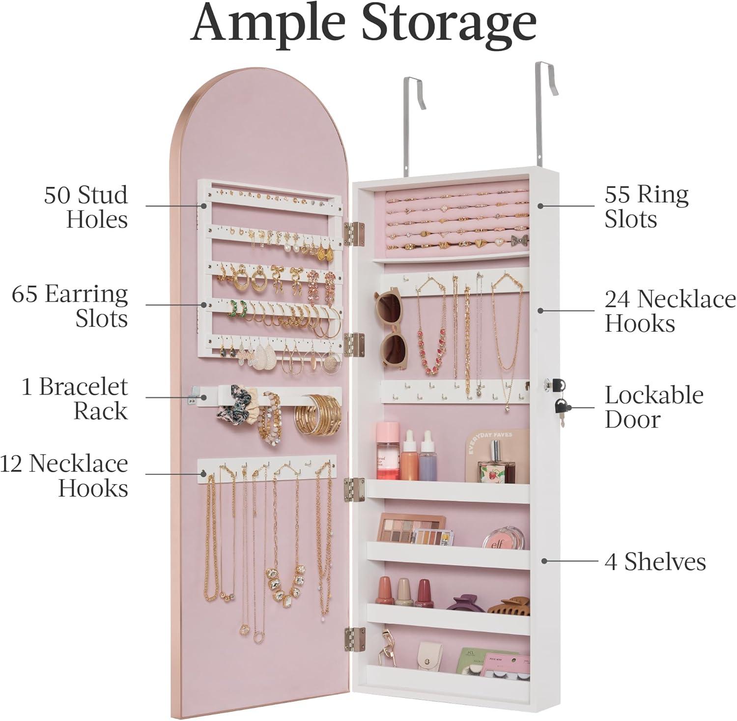 imageBest Choice Products Arch Mirror Jewelry Cabinet Jewelry Storage Organizer Armoire Lockable Wall or Door Mountable FullLength Mirror  BlackRose Gold