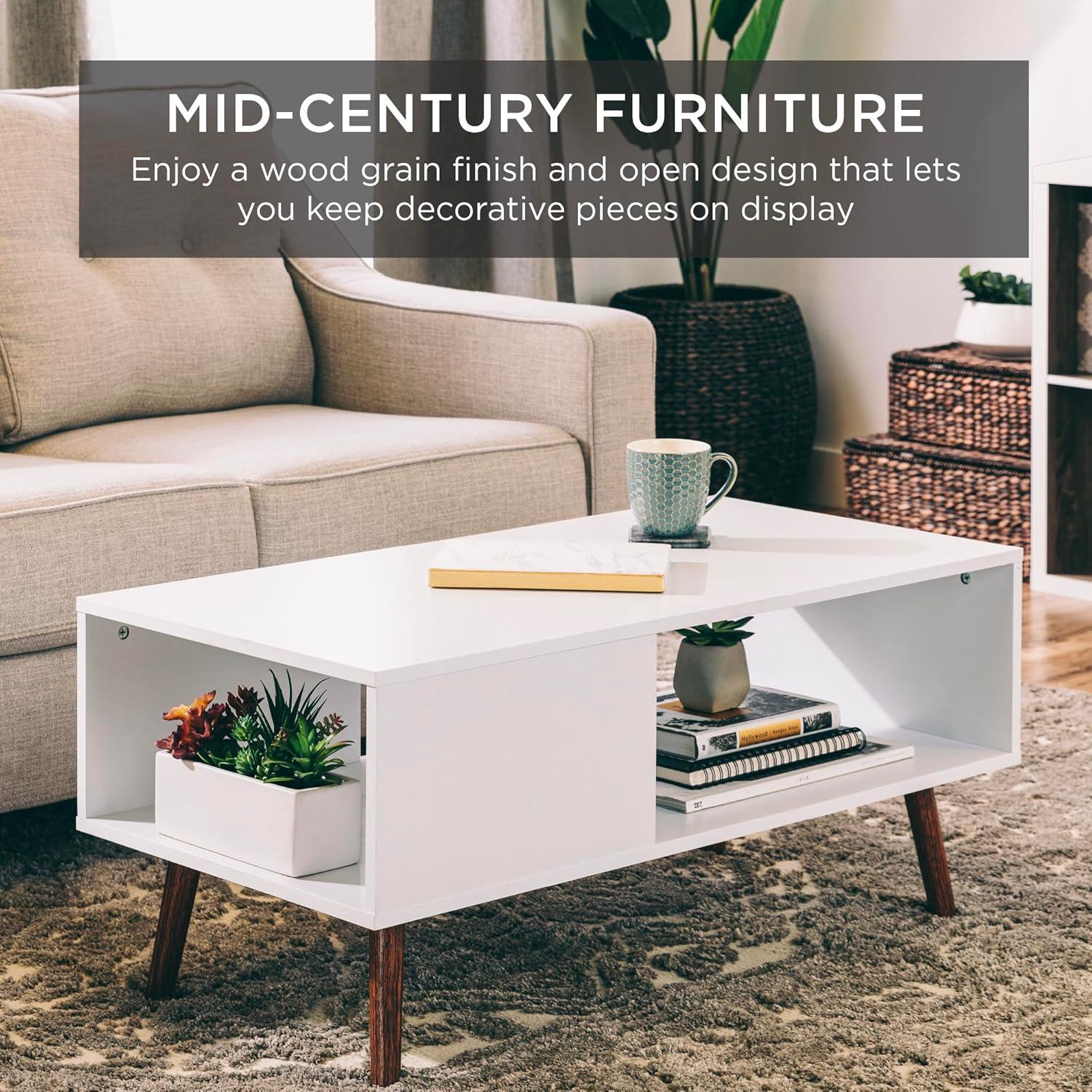 imageBest Choice Products Wooden MidCentury Modern Coffee Table Accent Furniture for Living Room Indoor Home Dcor wOpen Storage Shelf Wood Grain Finish  BrownWhiteBrown