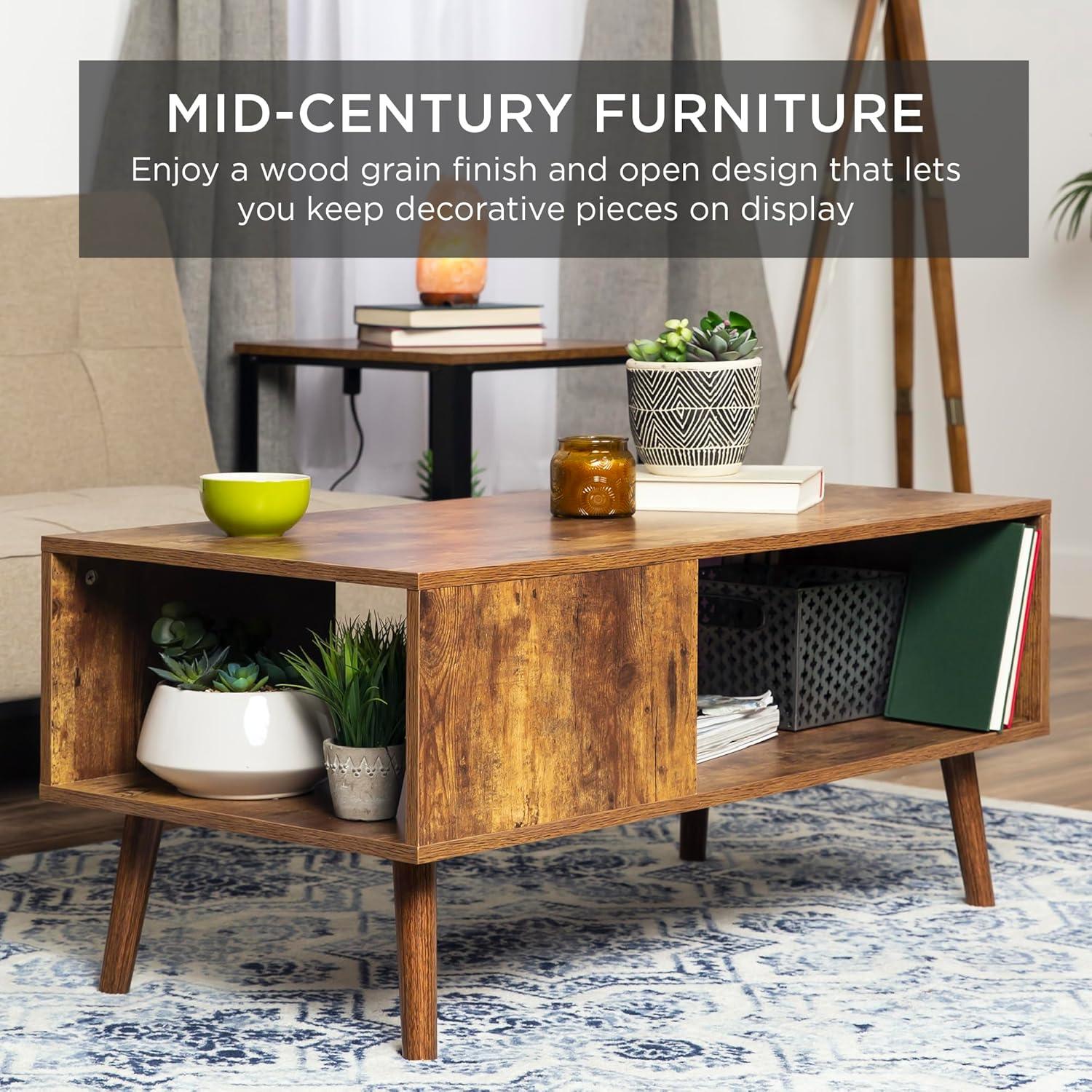 imageBest Choice Products Wooden MidCentury Modern Coffee Table Accent Furniture for Living Room Indoor Home Dcor wOpen Storage Shelf Wood Grain Finish  BrownBrown