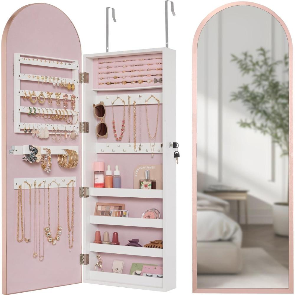 imageBest Choice Products Arch Mirror Jewelry Cabinet Jewelry Storage Organizer Armoire Lockable Wall or Door Mountable FullLength Mirror  BlackRose Gold