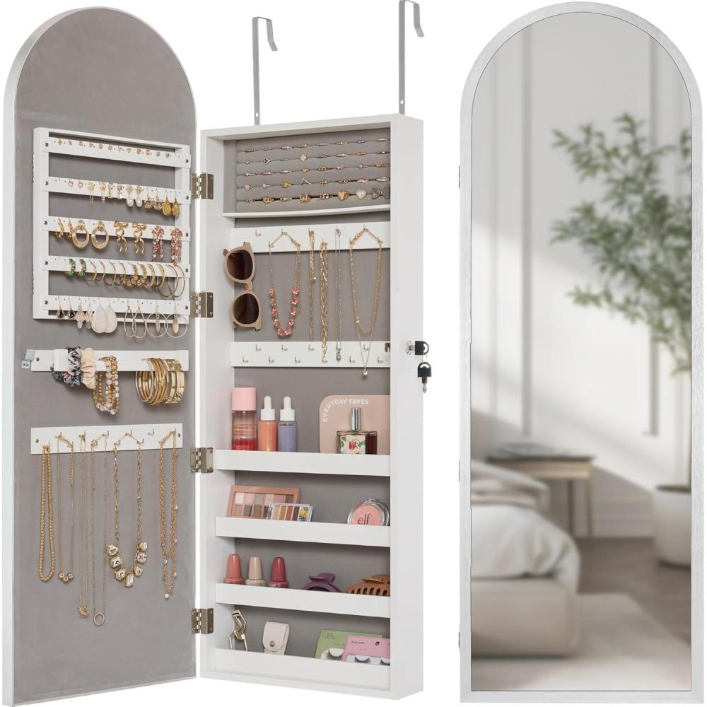imageBest Choice Products Arch Mirror Jewelry Cabinet Jewelry Storage Organizer Armoire Lockable Wall or Door Mountable FullLength Mirror  BlackSilver