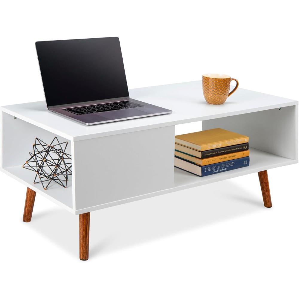 imageBest Choice Products Wooden MidCentury Modern Coffee Table Accent Furniture for Living Room Indoor Home Dcor wOpen Storage Shelf Wood Grain Finish  BrownWhiteBrown