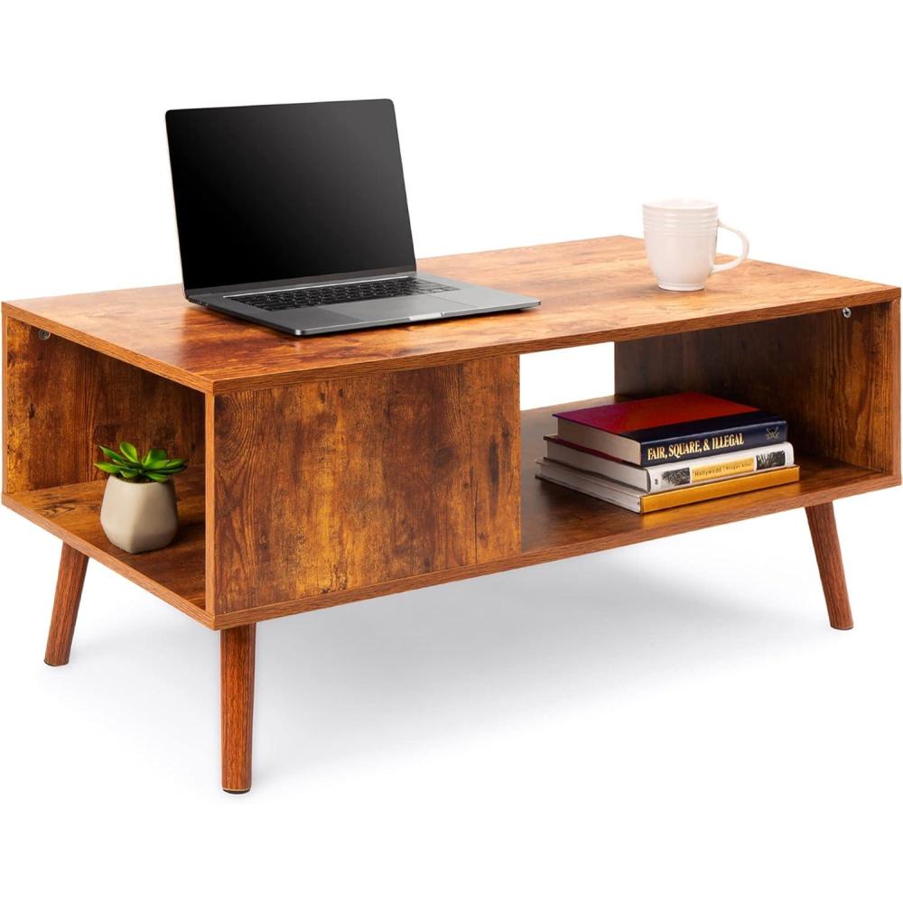 imageBest Choice Products Wooden MidCentury Modern Coffee Table Accent Furniture for Living Room Indoor Home Dcor wOpen Storage Shelf Wood Grain Finish  BrownBrown