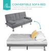 imageBest Choice Products Linen Modern Folding Futon Reclining Sofa Bed for Apartment Dorm wRemovable Armrests 2 Cupholders  BeigeGrey