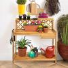 imageBest Choice Products Outdoor Garden Potting Bench Wooden Workstation Table wCabinet Drawer Open Shelf Lower Storage Lattice Back  NaturalBrown