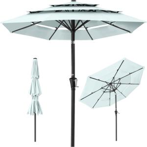 imageBest Choice Products 10ft 3Tier Solar Patio Market Umbrella Outdoor Sun Shade for Backyard Deck Poolside Table wWoodgrain Pattern LED Lights Tilt Adjustment  Sky BlueBaby Blue
