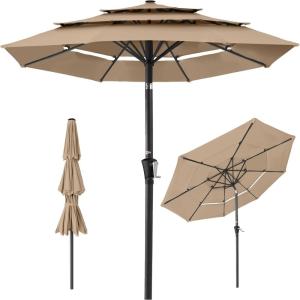 imageBest Choice Products 10ft 3Tier Solar Patio Market Umbrella Outdoor Sun Shade for Backyard Deck Poolside Table wWoodgrain Pattern LED Lights Tilt Adjustment  Sky BlueTan