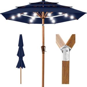 imageBest Choice Products 10ft 3Tier Solar Patio Market Umbrella Outdoor Sun Shade for Backyard Deck Poolside Table wWoodgrain Pattern LED Lights Tilt Adjustment  Sky BlueNavy Blue