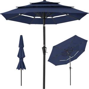 imageBest Choice Products 10ft 3Tier Solar Patio Market Umbrella Outdoor Sun Shade for Backyard Deck Poolside Table wWoodgrain Pattern LED Lights Tilt Adjustment  Sky BlueNavy