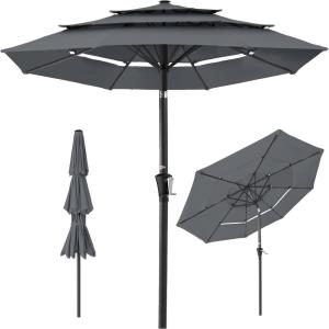 imageBest Choice Products 10ft 3Tier Solar Patio Market Umbrella Outdoor Sun Shade for Backyard Deck Poolside Table wWoodgrain Pattern LED Lights Tilt Adjustment  Sky BlueSlate