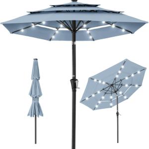 imageBest Choice Products 10ft 3Tier Solar Patio Market Umbrella Outdoor Sun Shade for Backyard Deck Poolside Table wWoodgrain Pattern LED Lights Tilt Adjustment  Sky BlueBreeze Blue