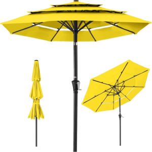 imageBest Choice Products 10ft 3Tier Solar Patio Market Umbrella Outdoor Sun Shade for Backyard Deck Poolside Table wWoodgrain Pattern LED Lights Tilt Adjustment  Sky BlueYellow