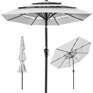 imageBest Choice Products 10ft 3Tier Solar Patio Market Umbrella Outdoor Sun Shade for Backyard Deck Poolside Table wWoodgrain Pattern LED Lights Tilt Adjustment  Sky BlueFog Gray