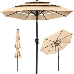 imageBest Choice Products 10ft 3Tier Solar Patio Market Umbrella Outdoor Sun Shade for Backyard Deck Poolside Table wWoodgrain Pattern LED Lights Tilt Adjustment  Sky BlueSand