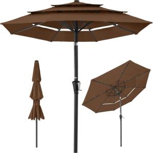 imageBest Choice Products 10ft 3Tier Solar Patio Market Umbrella Outdoor Sun Shade for Backyard Deck Poolside Table wWoodgrain Pattern LED Lights Tilt Adjustment  Sky BlueBrown