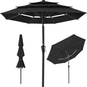 imageBest Choice Products 10ft 3Tier Solar Patio Market Umbrella Outdoor Sun Shade for Backyard Deck Poolside Table wWoodgrain Pattern LED Lights Tilt Adjustment  Sky BlueBlack