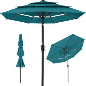imageBest Choice Products 10ft 3Tier Solar Patio Market Umbrella Outdoor Sun Shade for Backyard Deck Poolside Table wWoodgrain Pattern LED Lights Tilt Adjustment  Sky BlueCerulean